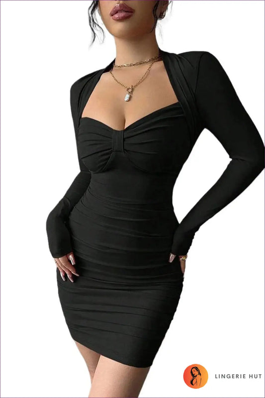 Ruched Bodycon Mini Dress with Long Sleeves - Made for Date Night - s / Black - Dresses - Lingerie Hut - Clubwear