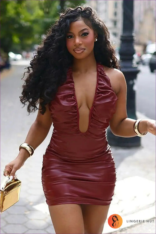 Ruched Faux Leather Mini Dress - Unapologetic After-dark Glamour - Dresses - Lingerie Hut - Backless • Bodycon
