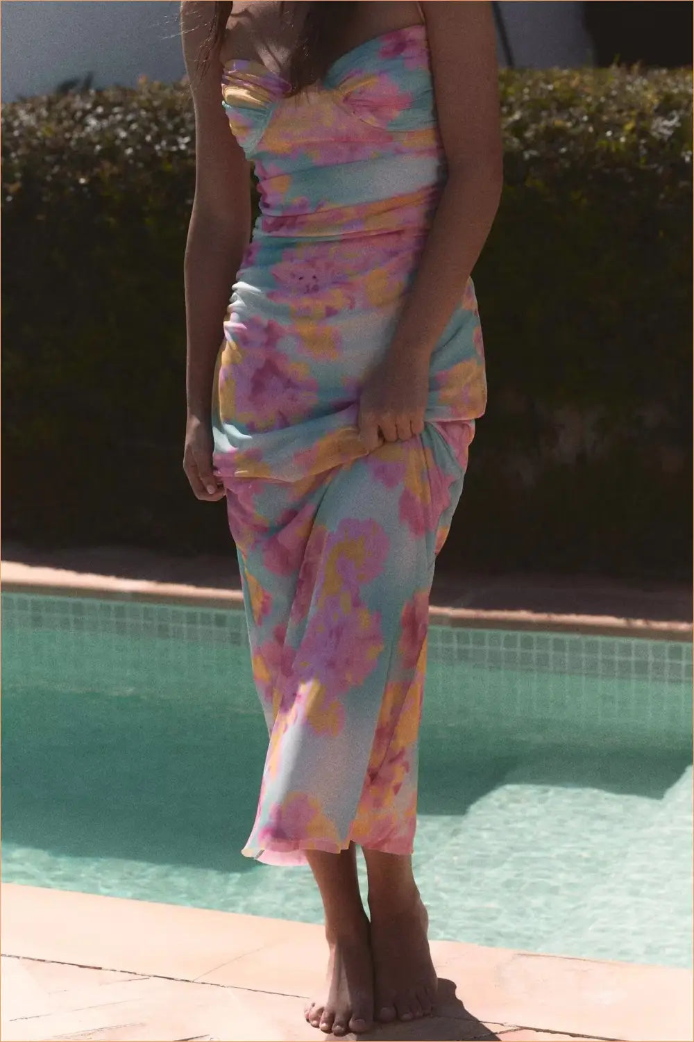 Ruched Floral Midi Dress - Sweetheart Neck - Bodycon • Boho • Casual • Everyday - Flightcourse