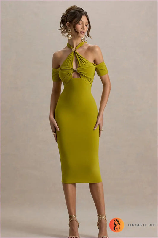 Ruched Halter Cut-out Midi Dress for Evenings out - s / Green - Dresses - Lingerie Hut - All Season • Backless