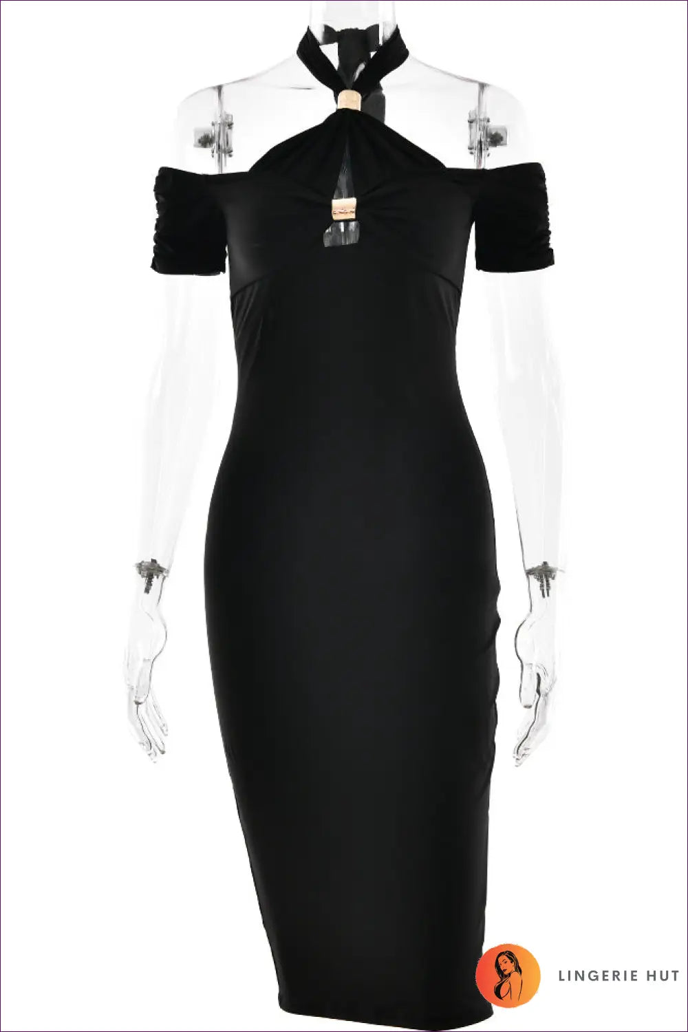Ruched Halter Cut-out Midi Dress for Evenings out - s / Black - Dresses - All Season • Bodycon • Cutout • Date Night
