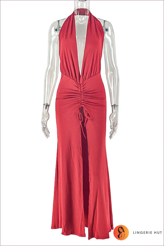 Ruched Halter Split Maxi Dress - Evening Glamour Events - s / Red - Dresses - Lingerie Hut - Backless • Bodycon