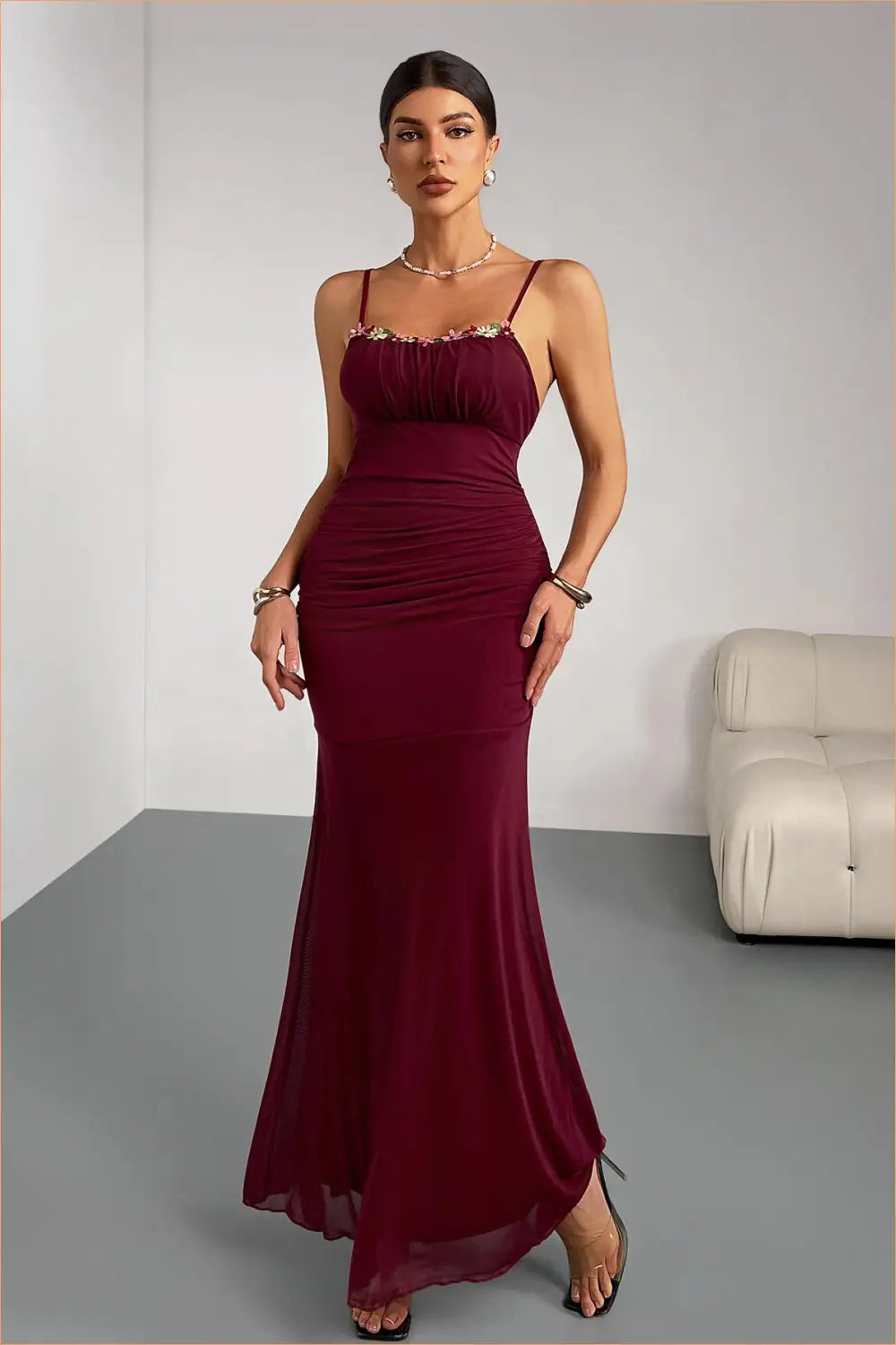 Ruched Maxi Dress with Embroidered Accents - Understated Glamour - Dresses - Bodycon • Clothing • Floral • Lingerie Hut