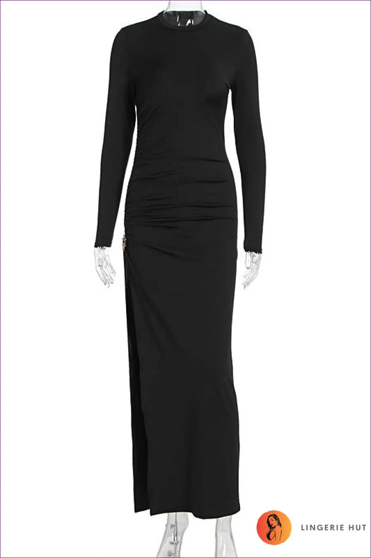 Ruched Maxi Dress with Side Slit - Effortless Everyday Elegance - s / Black - Dresses - Lingerie Hut - Autumn • Bodycon