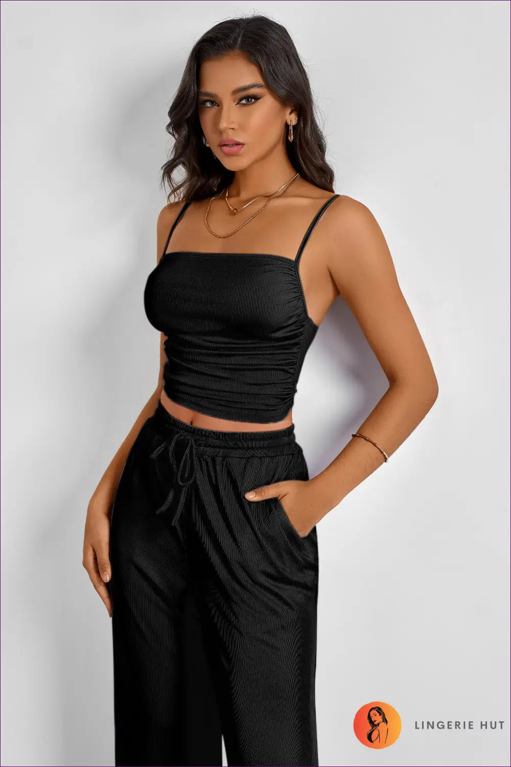 Ruched co Ord Set with Spaghetti Straps - Summer Evenings Sorted - s / Black - Clothing - Lingerie Hut - Casual