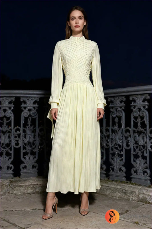 Ruched Waist Maxi Dress with Stand Collar - Understated Elegance for a Line, Autumn, Dress, Everyday, Formal