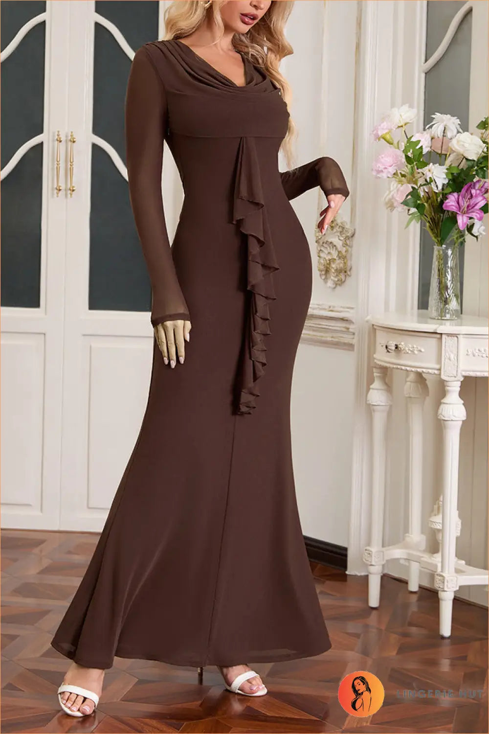 Ruffle Cowl Neck Maxi Dress - Understated Glamour - Xs / Brown - Dresses - Autumn • Clothing • Lingerie Hut