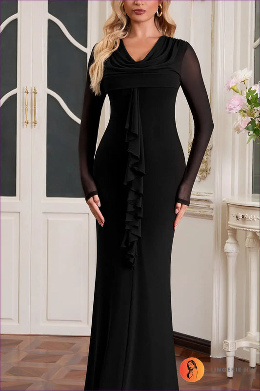 Ruffle Cowl Neck Maxi Dress - Understated Glamour - Xs / Black - Dresses - Lingerie Hut - Autumn • Bodycon • Evening