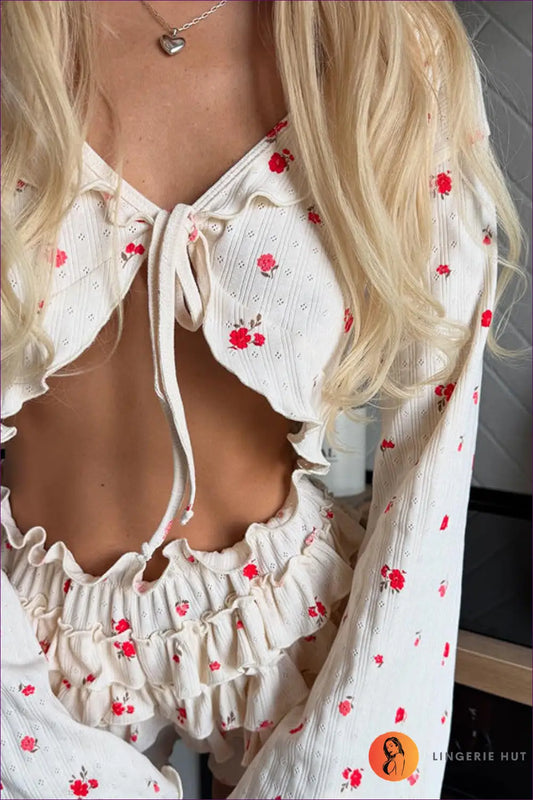 Ruffle Floral Pajama Set with Bell Sleeves - Playful Loungewear - s / Multi - Pyjama - Lingerie Hut - Autumn • Casual