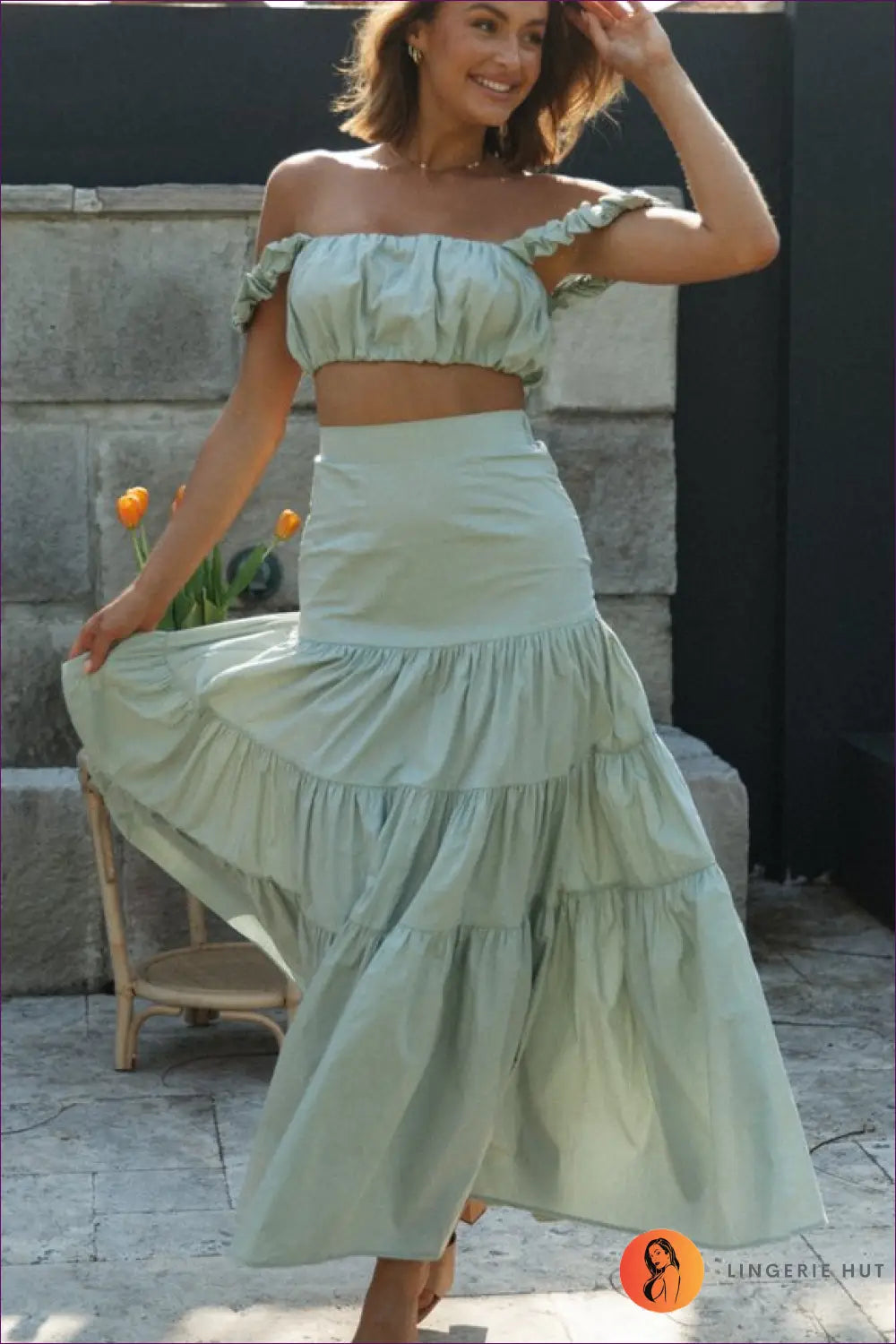 Ruffle Strap Crop Top & Maxi Skirt Set - Boho Summer Dream - s / Green - co Ord - Lingerie Hut - Casual