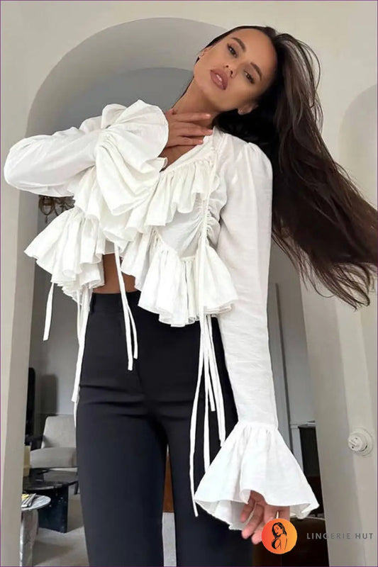 Ruffle Tie Neck Blouse - Effortless Romantic Energy - Top - Lingerie Hut - All Season • Boho • Casual • Chiffon