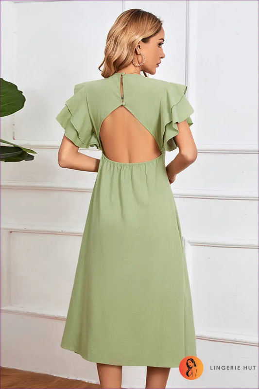 Look Stylish At Any Occasion With Our Ruffle v Neck Button Up Midi Dress. Featuring a Flutter Sleeve Bodice,