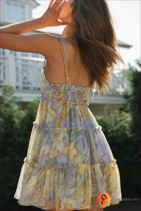 Ruffled Floral Mini Sundress - Garden Party Ready - Dresses - Lingerie Hut - A-line • Casual • Chiffon • Dress