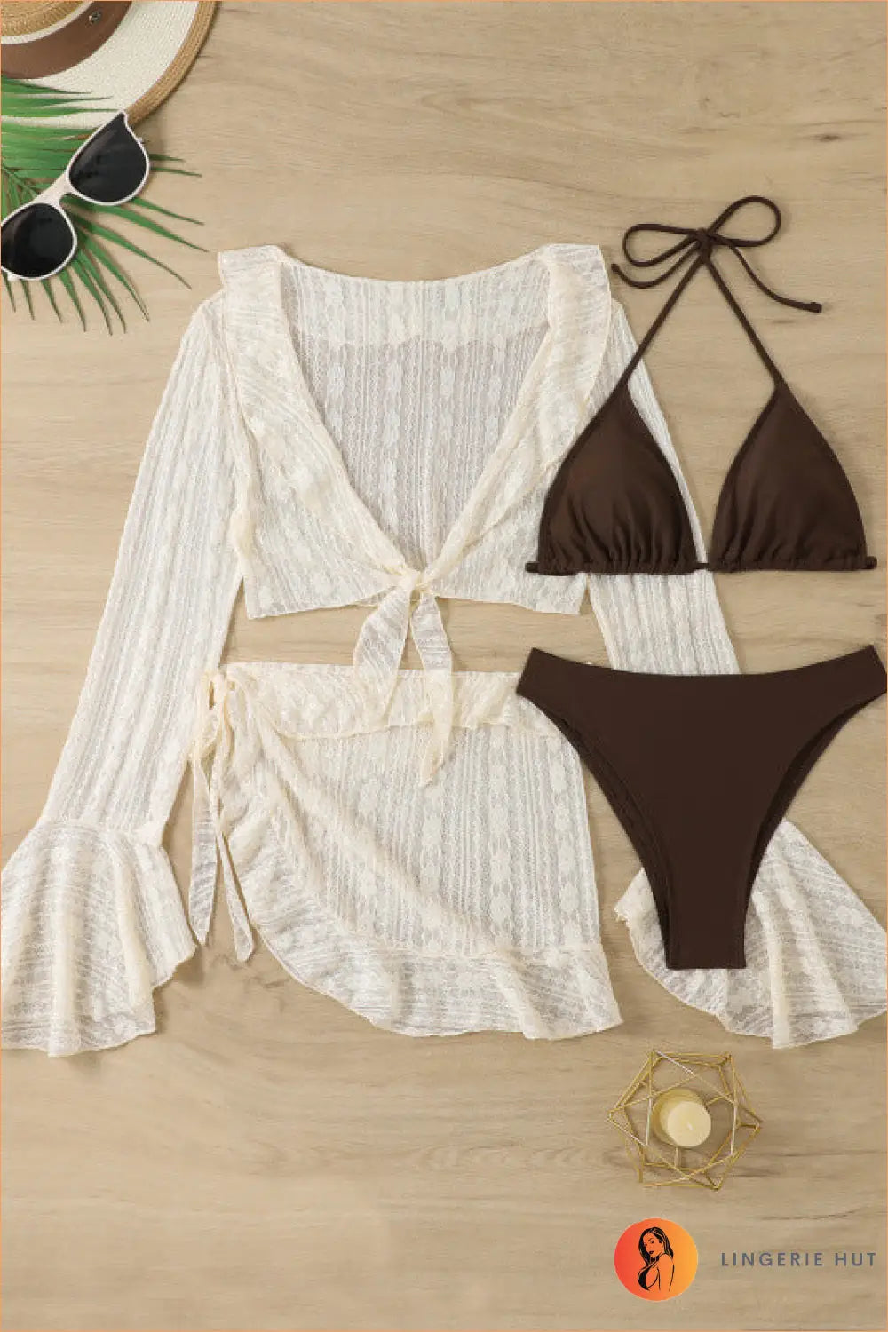 Four Piece Bikini Set with Sheer Blouse - Holiday Evening Essential - s / Coffee - Beachwear • Boho • Cover Up • Halter