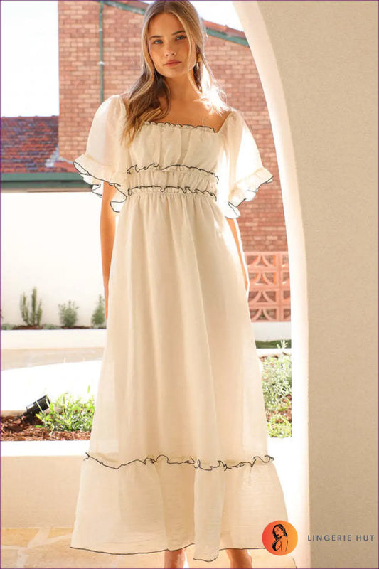 Ruffled Midi Dress with Flutter Sleeves - Garden Party Ready - s / Apricot - Dresses - A-line • Boho • Casual