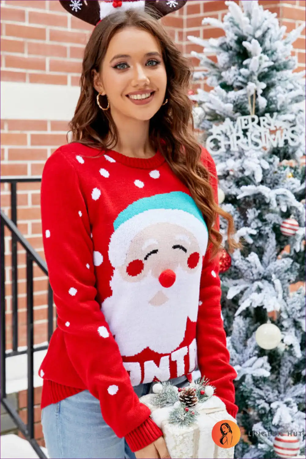 Make a Statement This Festive Season With Lingerie Hut’s Santa Claus Letter Embroidery Red Pullover. Loose Fit