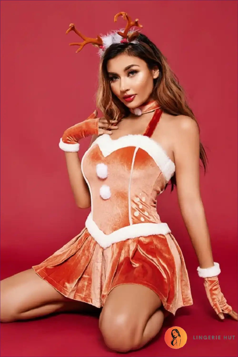 Make a Statement This Holiday Season With Lingerie Hut’s Santa Velvet Halter Mini Dress. Luxury, Fur Trim,