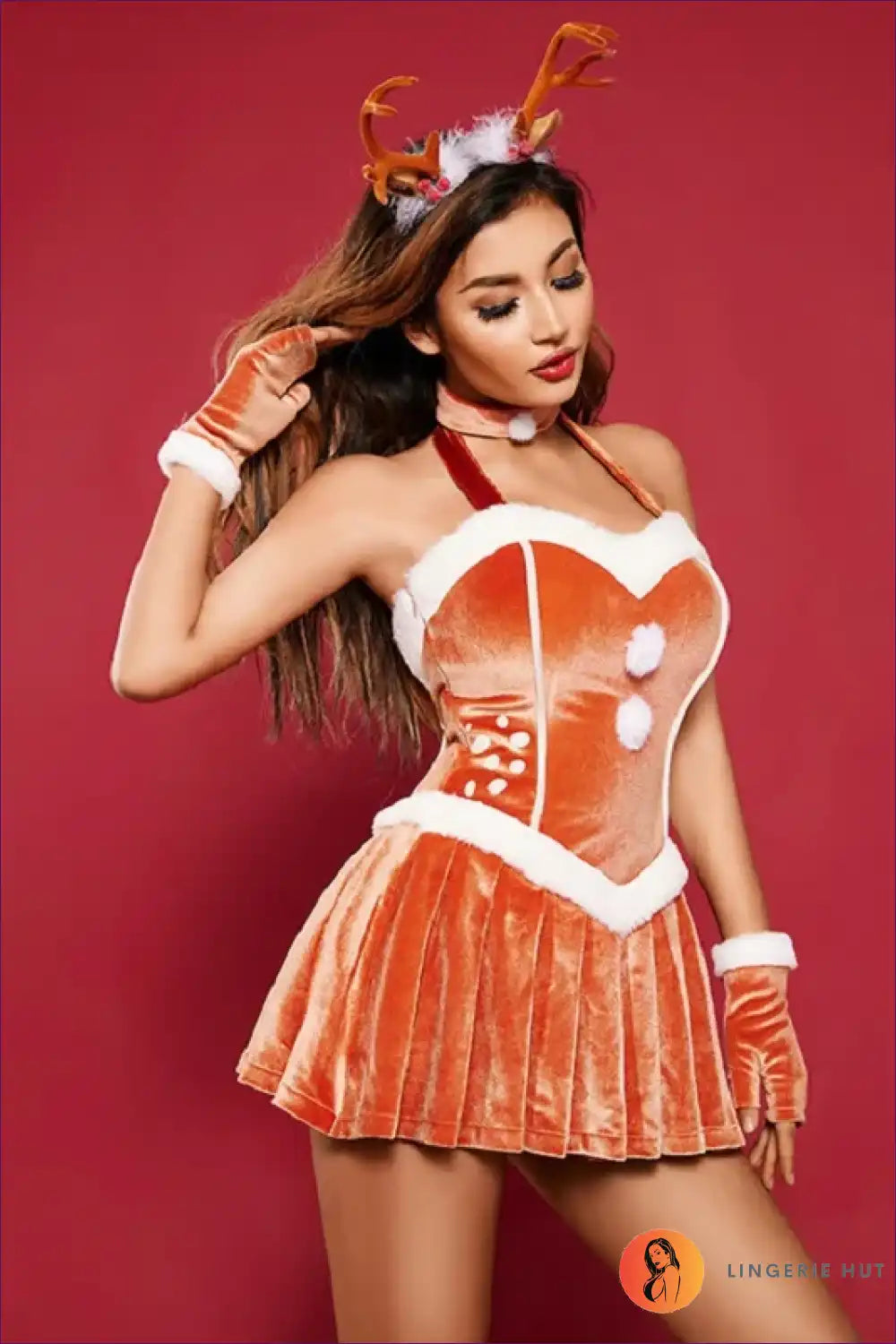 Make a Statement This Holiday Season With Lingerie Hut’s Santa Velvet Halter Mini Dress. Luxury, Fur Trim,