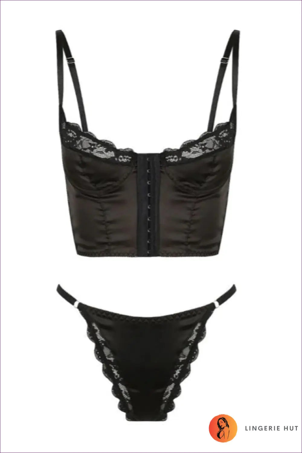 Satin Corset Bra Set with Lace Trim - Modern Romance - s / Black - Lingerie Hut - All Season • Boudoir • Date Night
