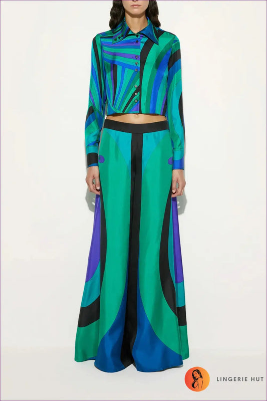 Satin Cropped Shirt & Wide Leg Trousers co Ord - Effortless Polish - s / Multi - Lingerie Hut - Casual • Crop • Evening