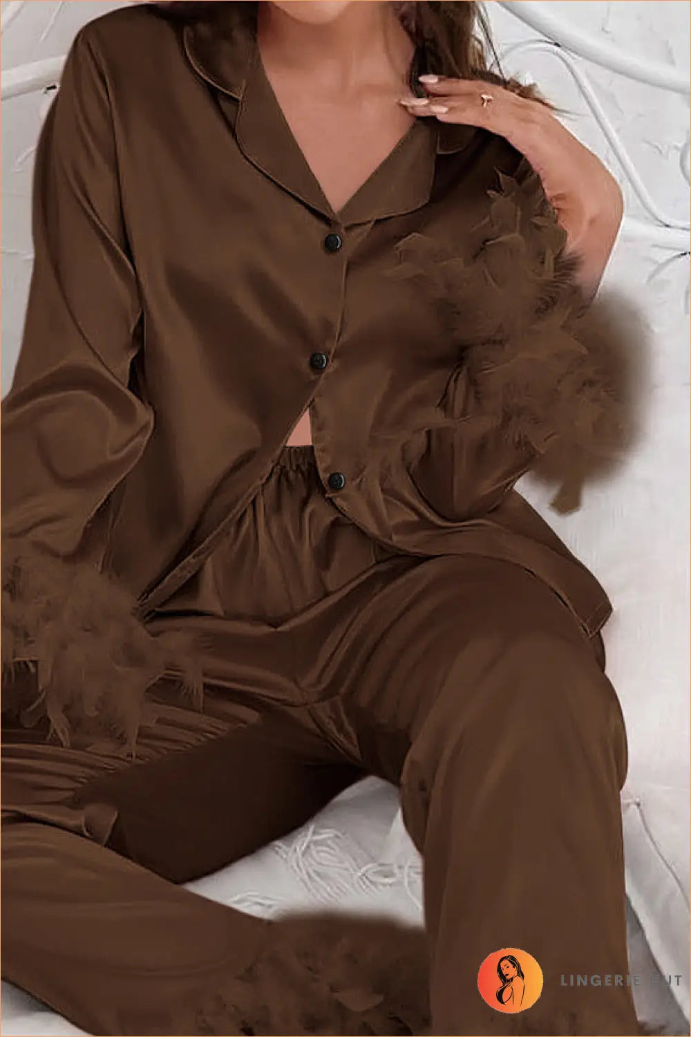 Satin Feather Pyjama Set - Luxe Nights in - s / Brown - Best Seller • Boudoir • Glamour • Loungewear • Night - Lingerie