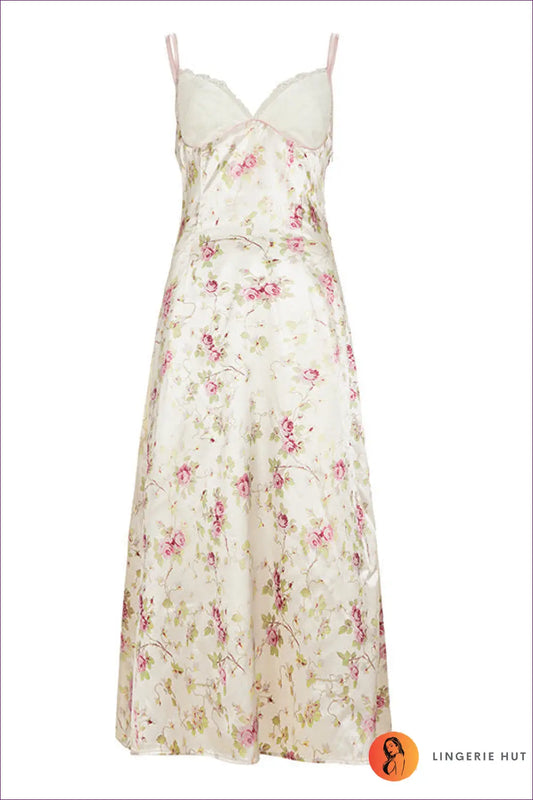 Satin Floral Midi Dress with Lace Trim - Garden Party Ready - s / Multi - Dresses - Lingerie Hut - A-line • Casual