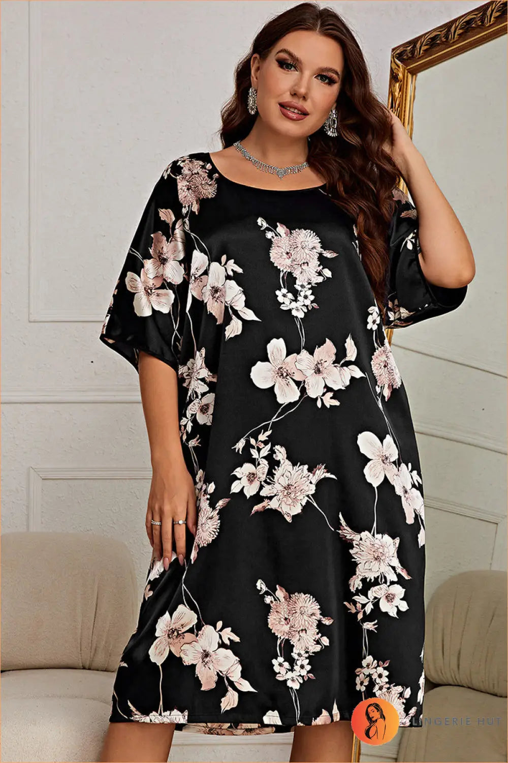 Satin Floral Midi Nightdress - Effortless Elegance for Nights in - Xl / Black - Everyday • Loungewear • Modest