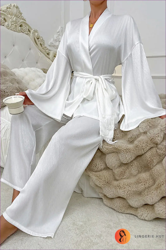 Satin Lounge Set with Kimono Top and Wide-leg Trousers - Relaxed Luxe - Loungewear - Lingerie Hut - All Season • Casual