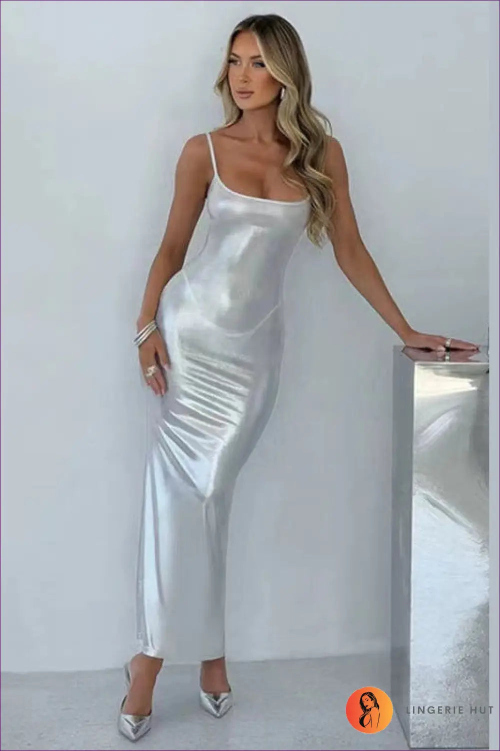 Satin Maxi Dress with Metallic Finish - Evening Wear Statement - s / Silver - Dresses - Bodycon • Clothing • Date Night