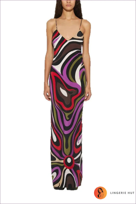 Satin Maxi Slipdress with Abstract Print - Understated Glamour - s / Multi - Dresses - Lingerie Hut - Backless • Dress