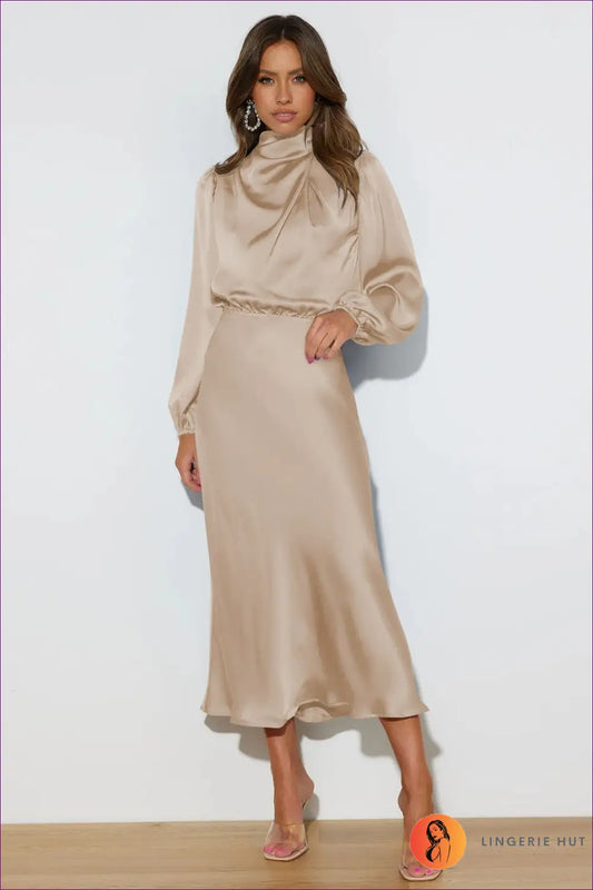 Satin Midi Dress with Balloon Sleeves - Evening Elegance - s / Apricot - Dresses - Lingerie Hut - Autumn • Evening Wear