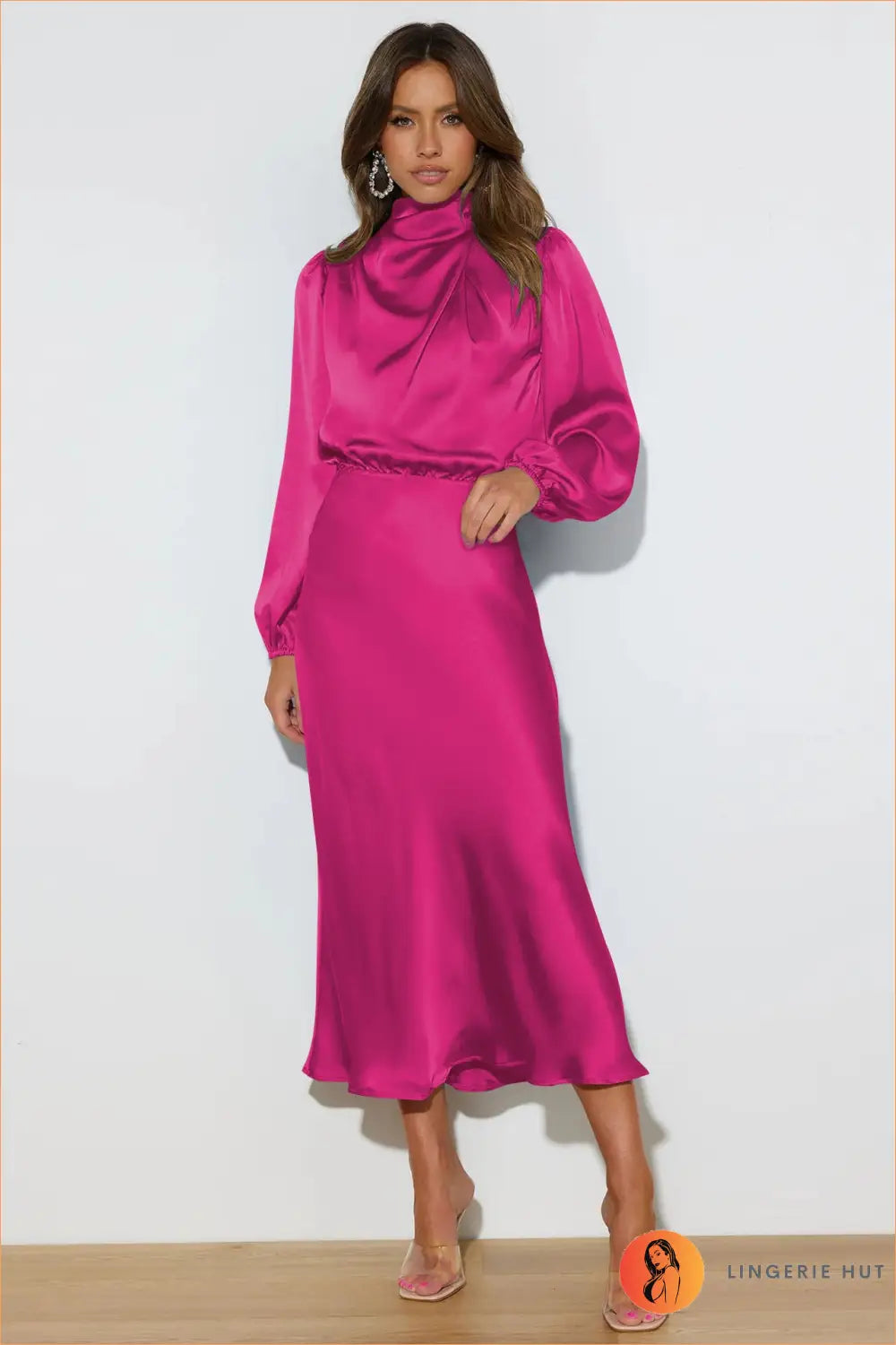 Satin Midi Dress with Balloon Sleeves - Evening Elegance - s / Rose Red - Dresses - Autumn • Evening Wear • Everyday