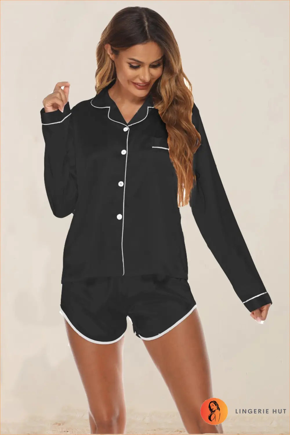 Satin Pyjama Set with Shorts - Luxe Nights in - s / Black - Everyday • Glamour • Loungewear • Modest • Night