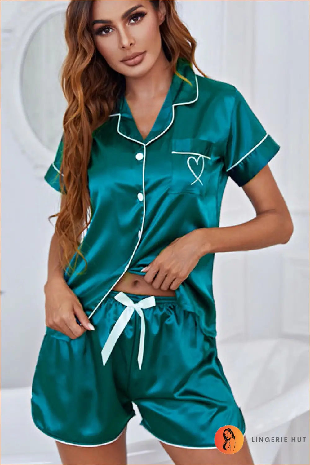 Satin Pyjama Set with Shorts - Luxe Nights in - s / Love Embroidered Green - Everyday • Loungewear • Modest • Night