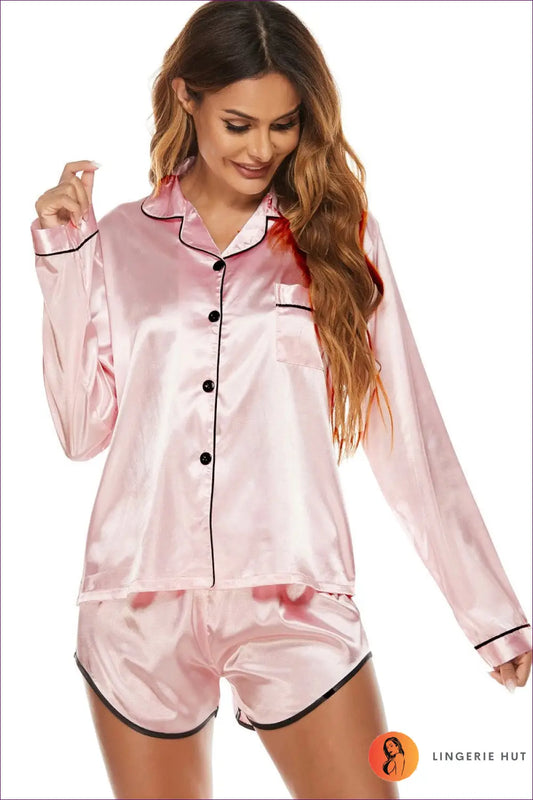 Satin Pyjama Set with Shorts - Luxe Nights in - s / Pink - Sleepwear & Loungewear - Lingerie Hut - All Season • Casual