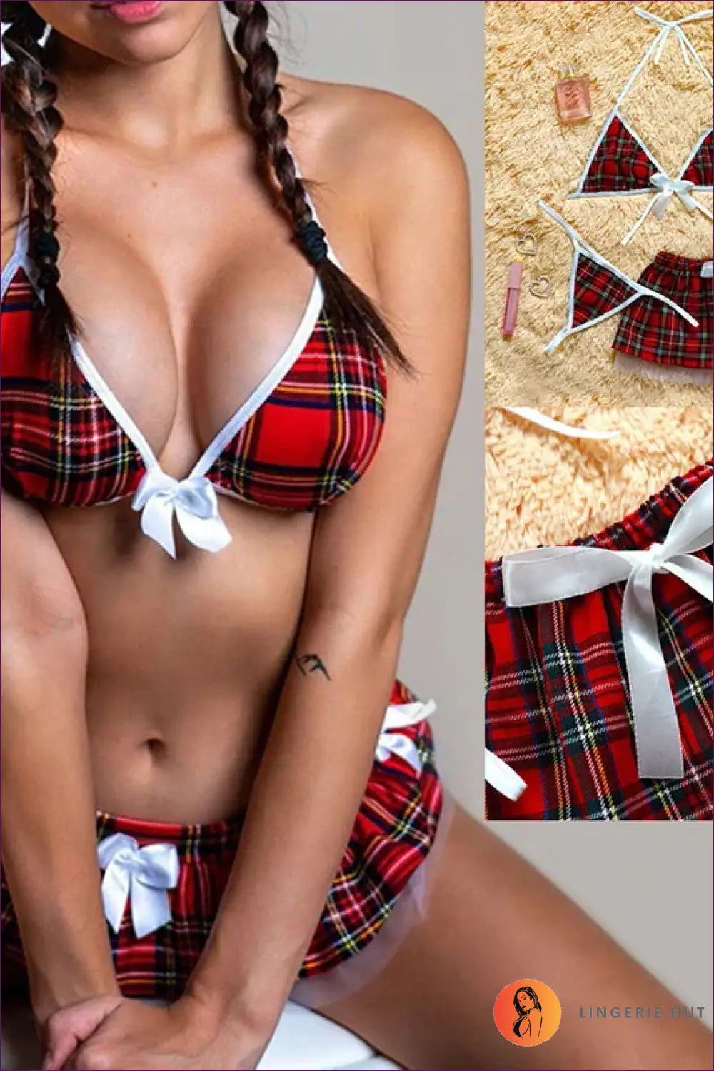 Schoolgirl Costume Set with Lace Trim Skirt - Playful Nostalgia - Xs006 / s - Outfit - Crop Top • Lace • Mini • Night