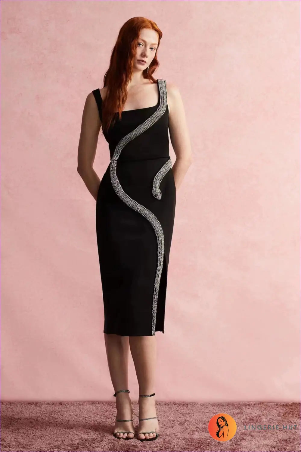 Knit Midi Bodycon Dress with Rhinestone Snake - Night-out Drama - Xs / Black - Dresses - Lingerie Hut - All Season