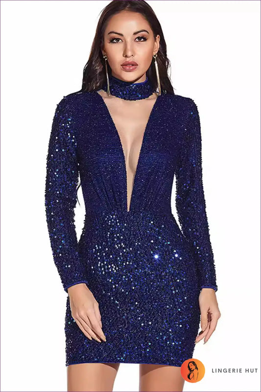 Sequin Bodycon Mini Dress with Deep v Neck - Party Glam - Dresses - Lingerie Hut - All Season • Clubwear • Evening Wear