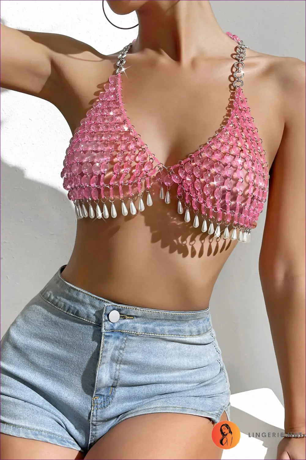 Beaded Halter Top - one Size / Pink - Crop - Clothing • Glamour • Night out • Party - Lingerie Hut
