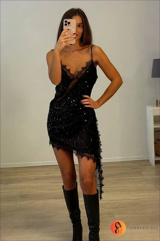 Sequin High-low Bodycon Dress - Worth a Second Look - s / Black - Dresses - Lingerie Hut - All Season • Clubwear