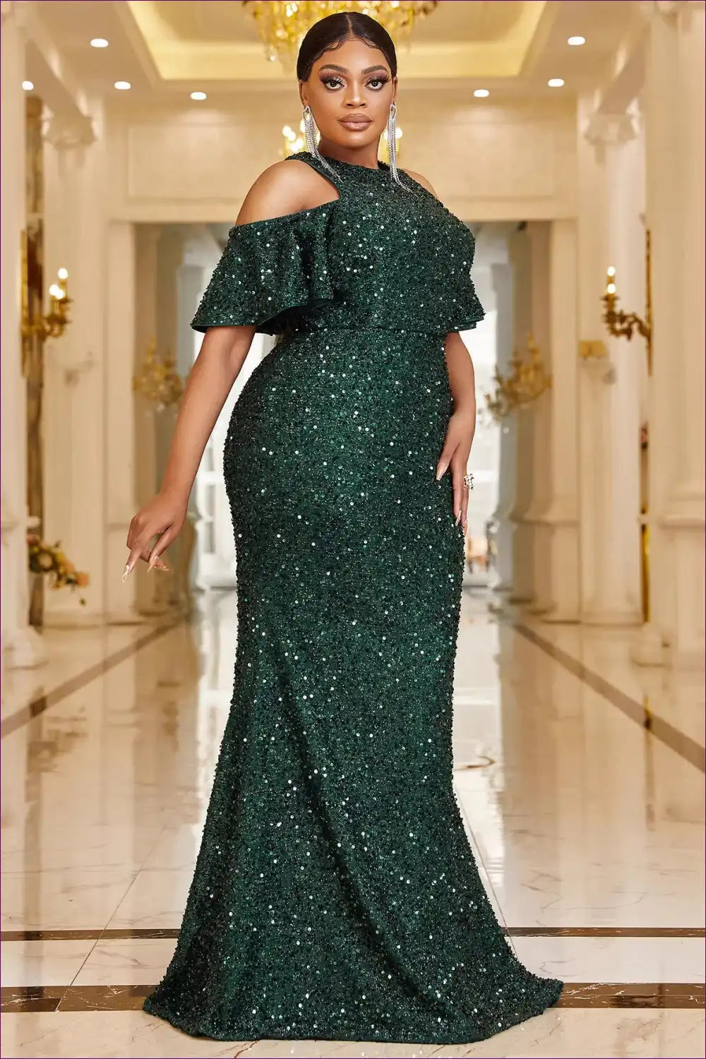 Sequin Gown with Cold Shoulder Detail and Mermaid Hem for A-line, Cutout, Date Night, Evening Wear, Formal