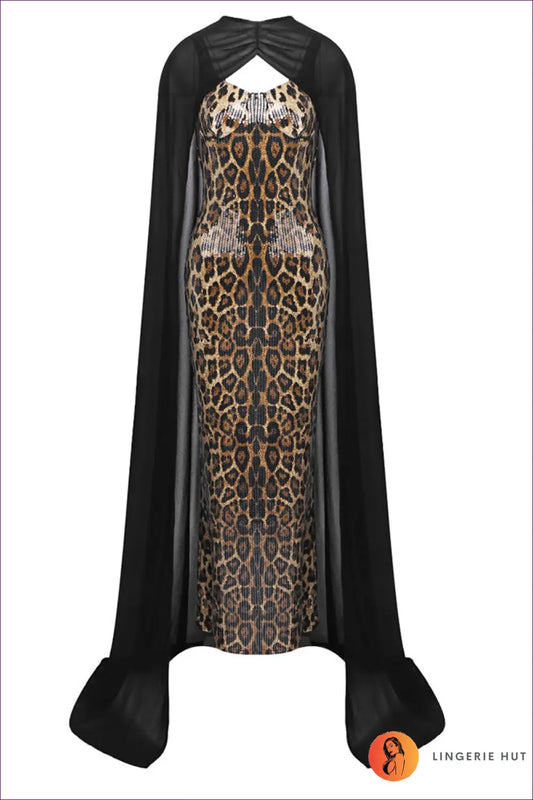 Sequin Leopard Maxi Dress with Cape - Show-stopping Glamour - Xs / Dresses - Lingerie Hut - Animal • Chiffon • Evening