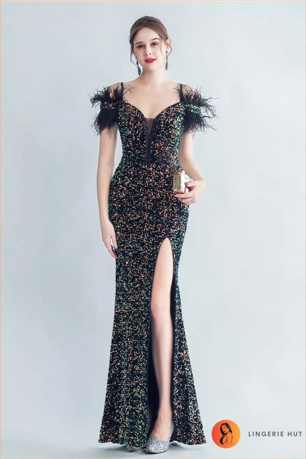 Sequin Maxi Dress - Corset Bodice Feather Straps - s / Symphony Black - Bodycon • Cutout • Elegant - Yenyu
