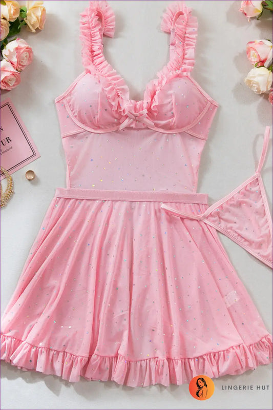 Sequin Mesh Babydoll with Lace Details - Evening Glamour - s / Pink - Lingerie Hut - Backless • Evening Wear • Lace