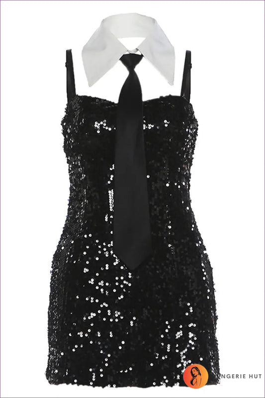 Sequin Mini Dress with Collar & Tie - Worth a Second Look - s / Black - Dresses - Lingerie Hut - Bodycon • Clubwear