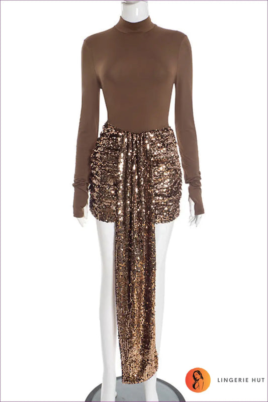 Sequin Mini co Ord Set with Turtleneck Top - Night-out Glamour - s / Brown - Bodysuit - Lingerie Hut - All Season