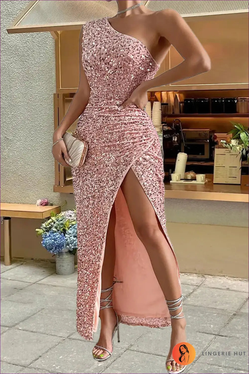 Sequin one Shoulder Maxi Dress with Side Split - Formal Sparkle - s / Pink - Dresses - Lingerie Hut - All Season