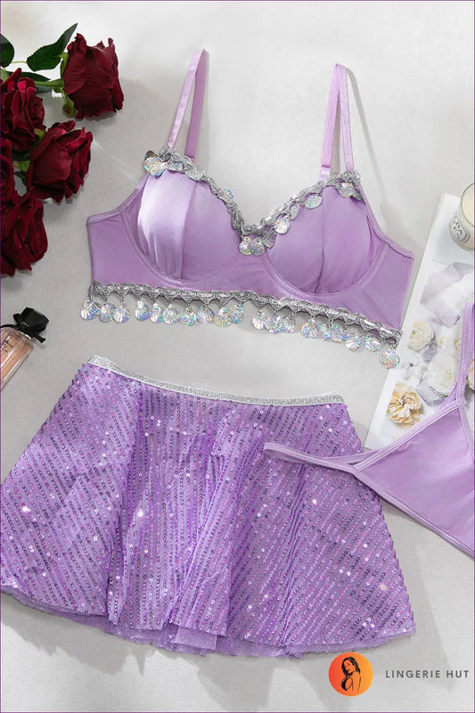 Sequin Three-piece Lingerie Set - Bold but Wearable - s / Purple - Bra - Hut - All Season • Boudoir • Clubwear • Glamour