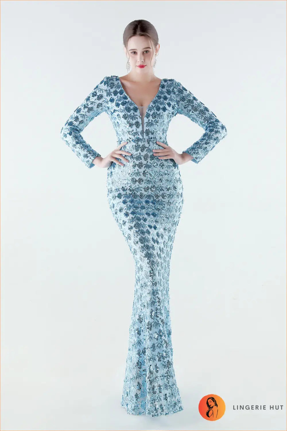 Sequin Floral Fishtail Maxi Dress - s / Sky Blue - Dresses - Clothing • Glamour • Lace - Lingerie Hut