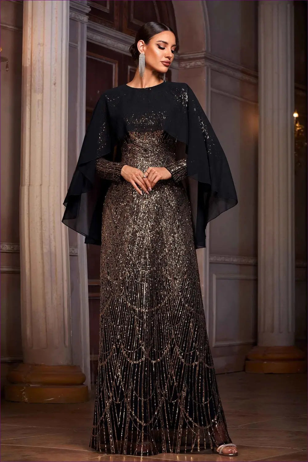 Sequined Maxi Dress with Sheer Shawl - Understated Glamour - Dresses - A-line • Black • Clothing • Lingerie Hut